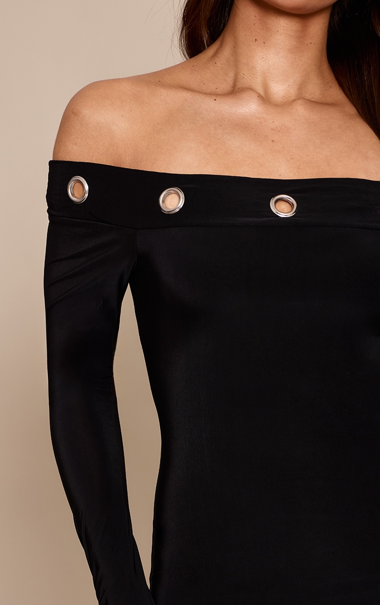 Black Double Layer Slinky Eyelet Bardot Long Sleeve Mini Dress image 4