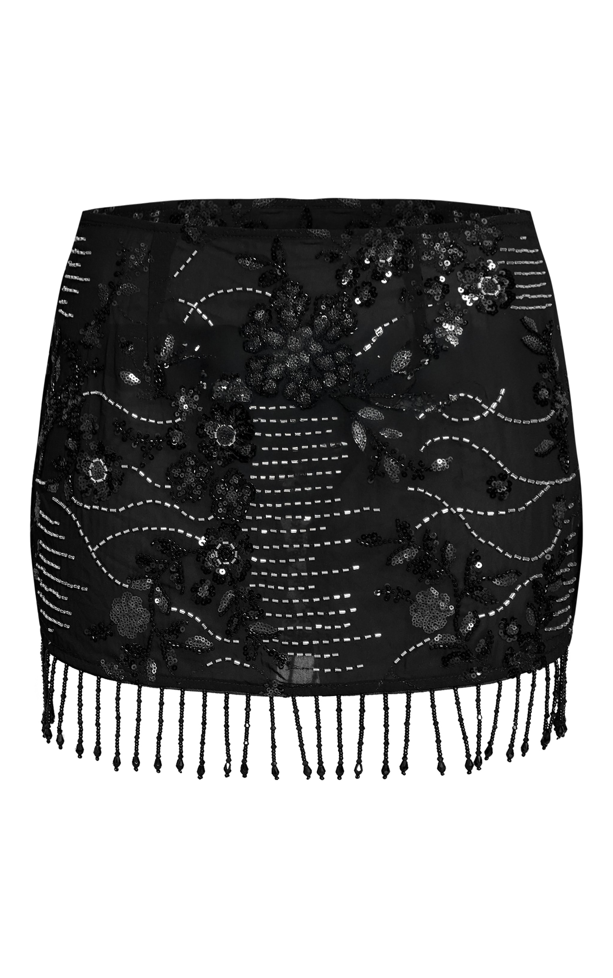 Black Embroidered Sheer Tassel Mini Skirt image 6