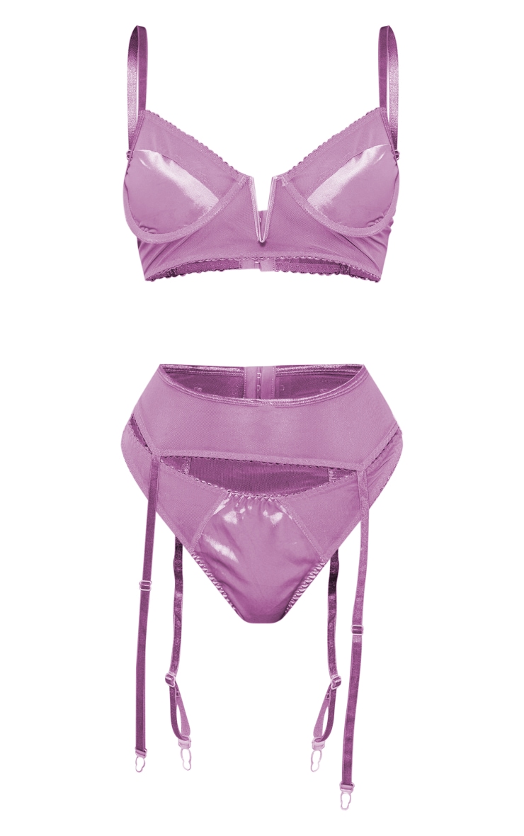  Mauve Mesh Frill Trim Underwired 3 Piece Lingerie Set image 1