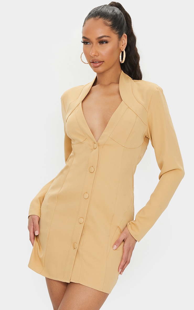 Stone Woven Button Down Cup Detail Blazer Dress
