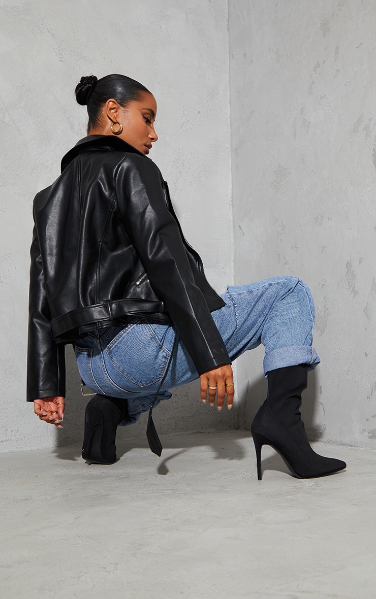 Black faux leather relaxed fit belted biker jacket clearance