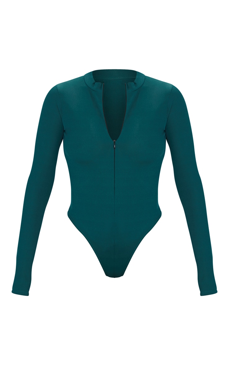 Bottle Green Rib Zip Up Long Sleeve Bodysuit image 5