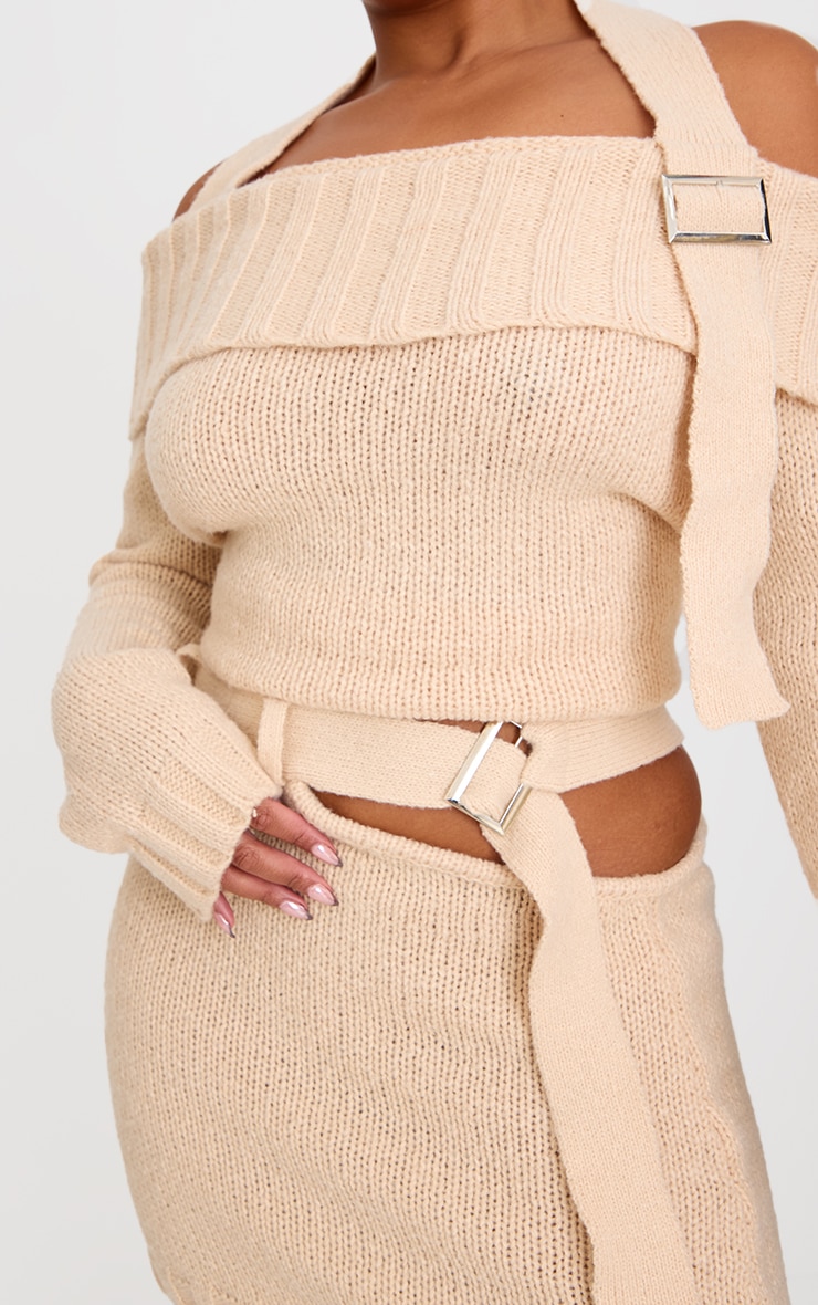 Plus Cream Knitted Cut Out Buckle Detail Mini Skirt image 5