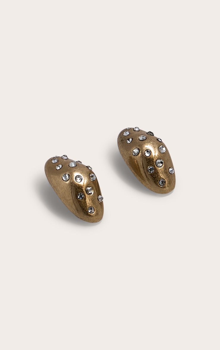 Gold Brushed Dome Diamante Stud Earrings image 3