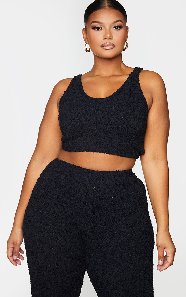 PLT Plus - Crop top en maille chenille noir à col rond