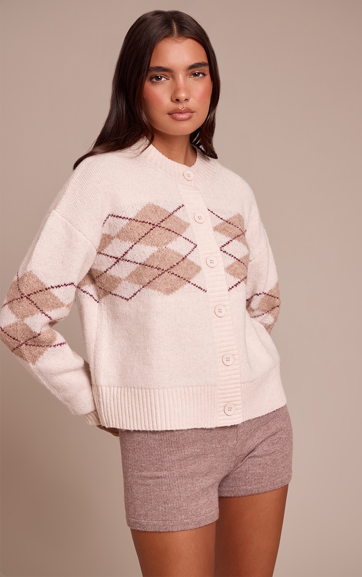 Beige Argyle Button Through Cardigan image 1