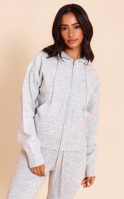 Petite Hoodie en maille tricot gris cendré à zip