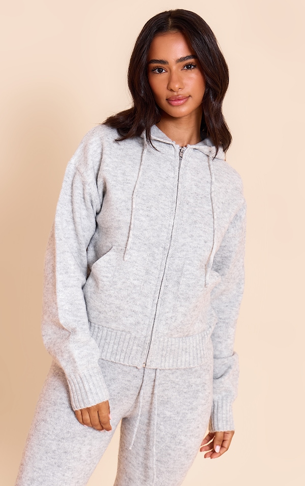 Petite Hoodie en maille tricot gris cendré à zip