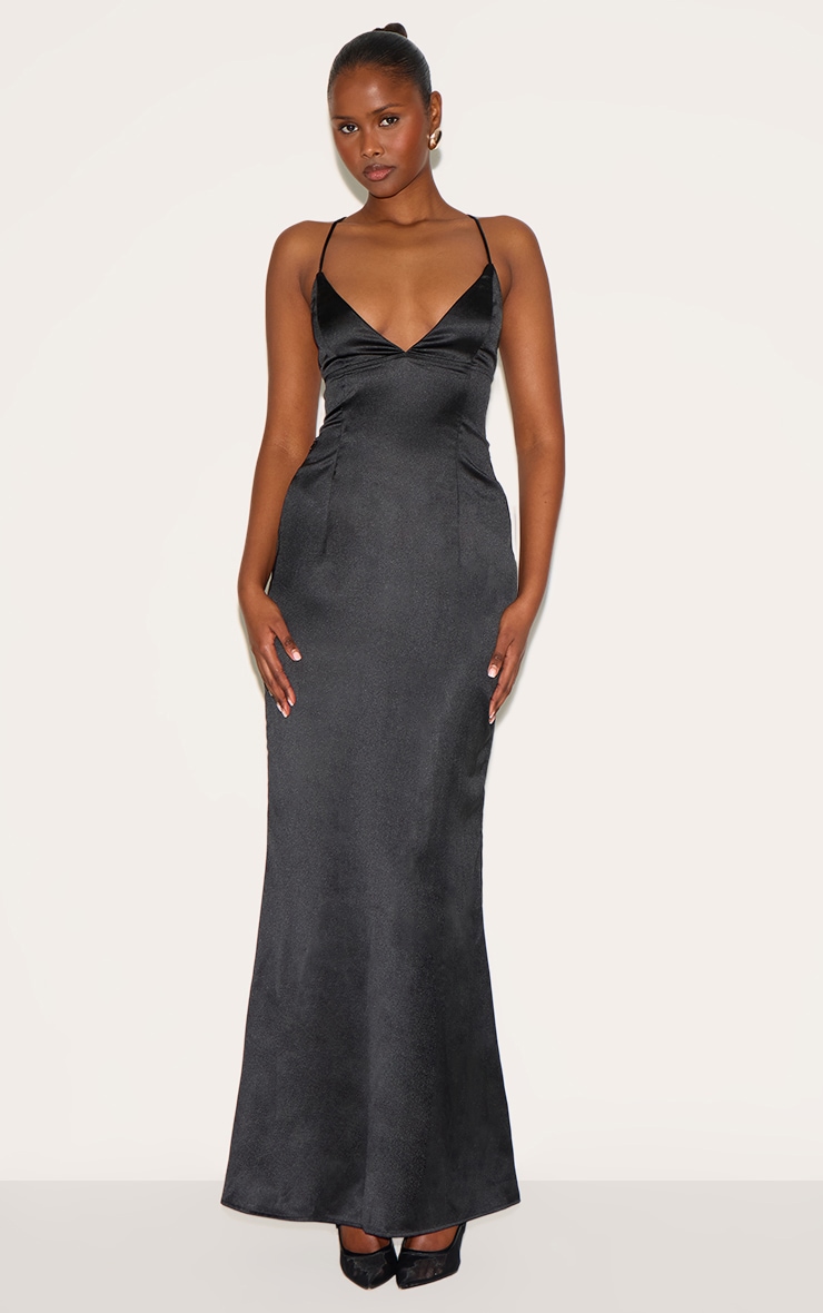 Black Satin Tie Back Maxi Dress image 1
