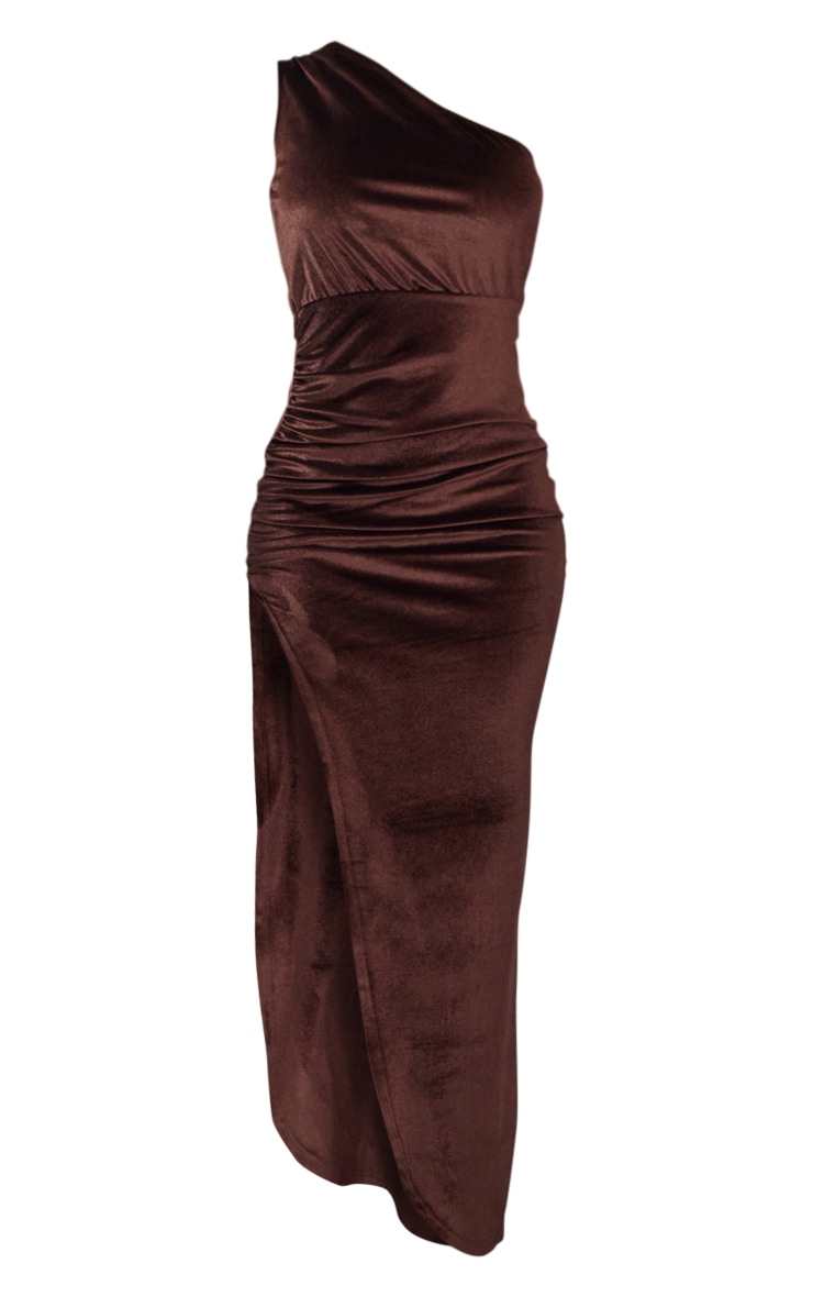 Robe longue en velours chocolat asymétrique à fente image 5