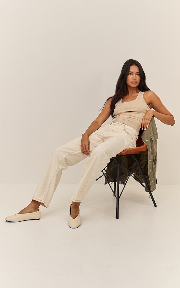 Ecru High Waist Straight Leg Jeans