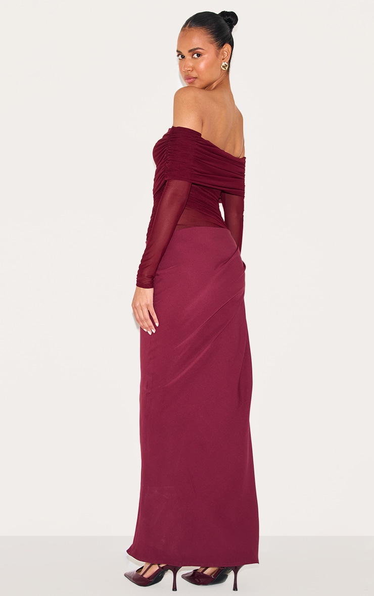 Wine Satin Mesh Detail Bardot Maxi Dress image 2