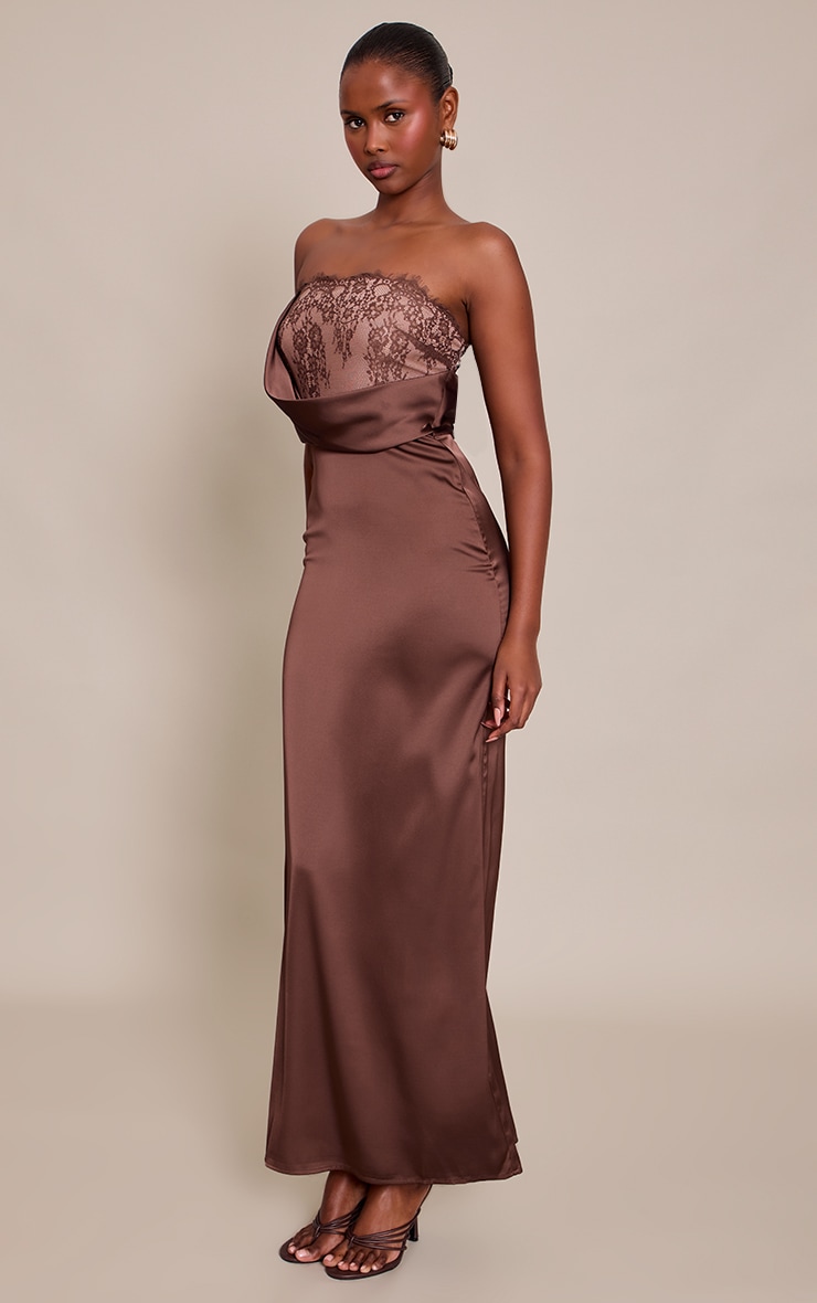 Chocolate Satin Lace Detail Maxi Dress image 3