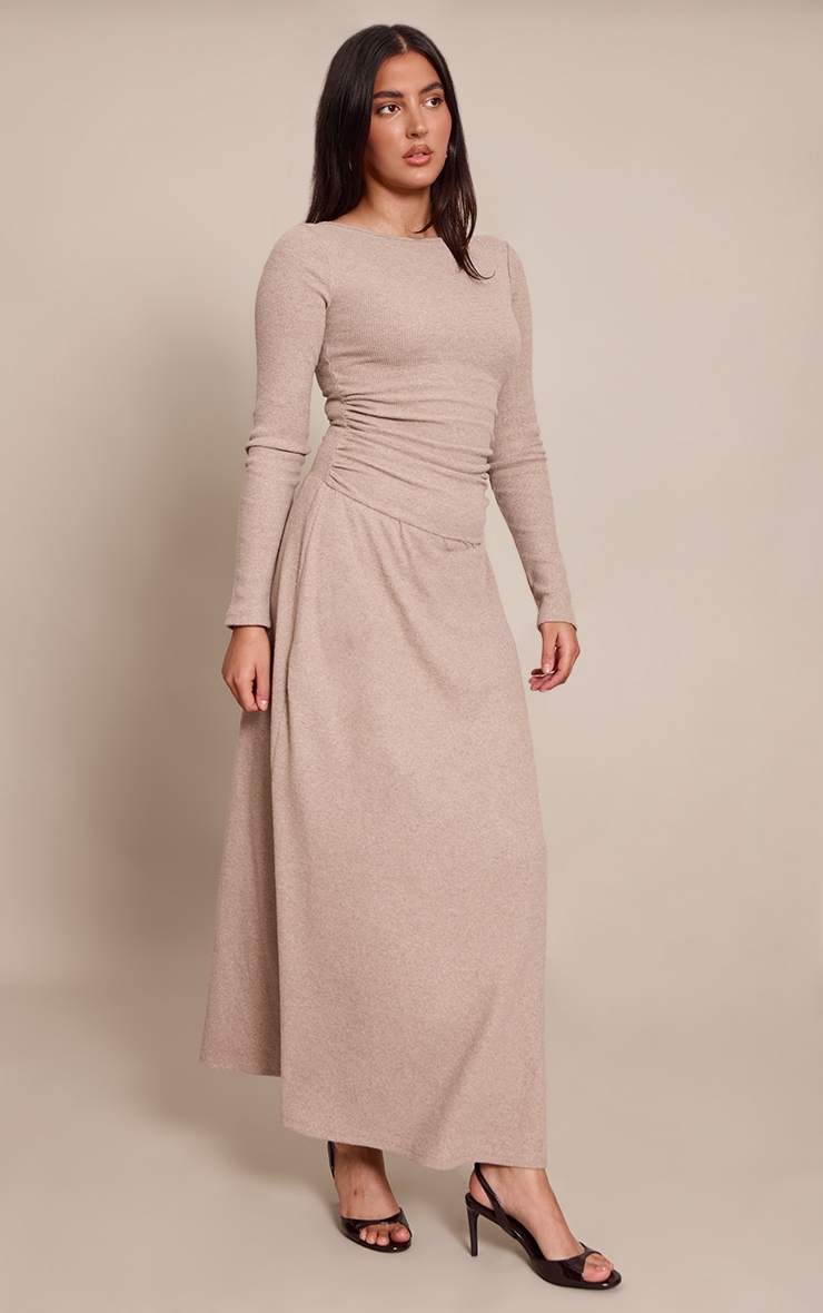 Taupe Long Sleeve Asymmetric Drop Hem Maxi Dress image 3