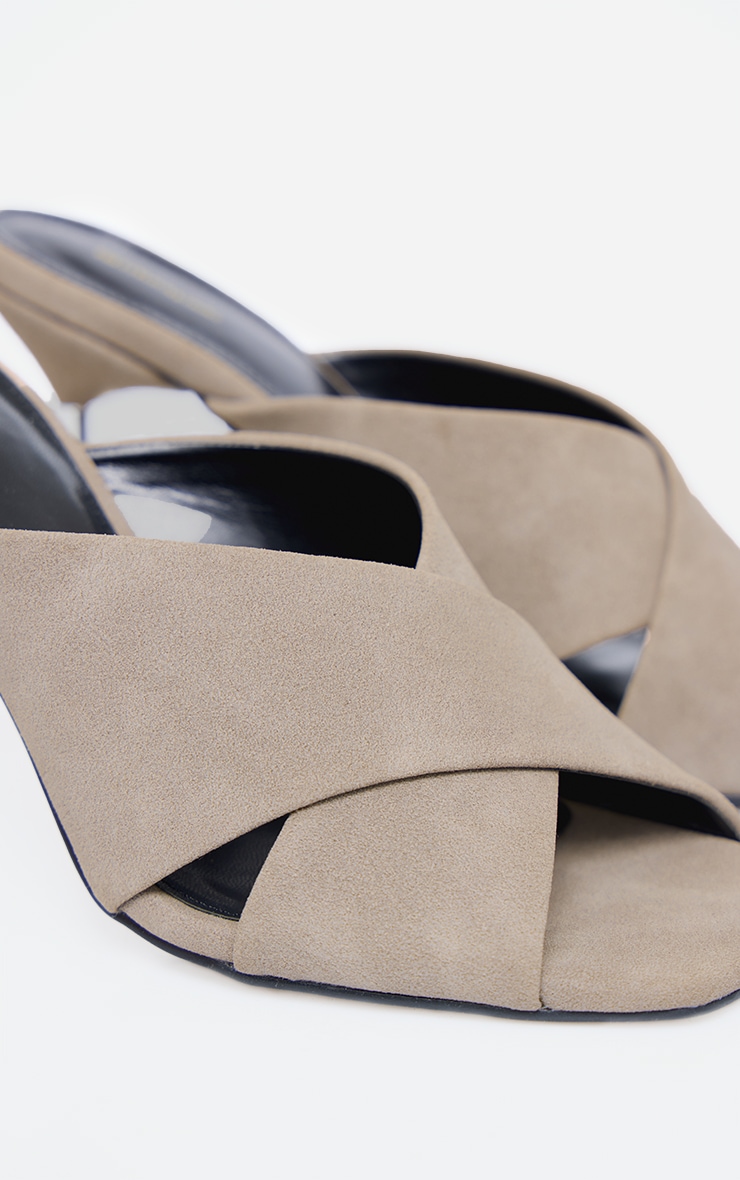 Taupe Faux Suede Square Toe Cross Strap High Stiletto Heeled Mules image 4