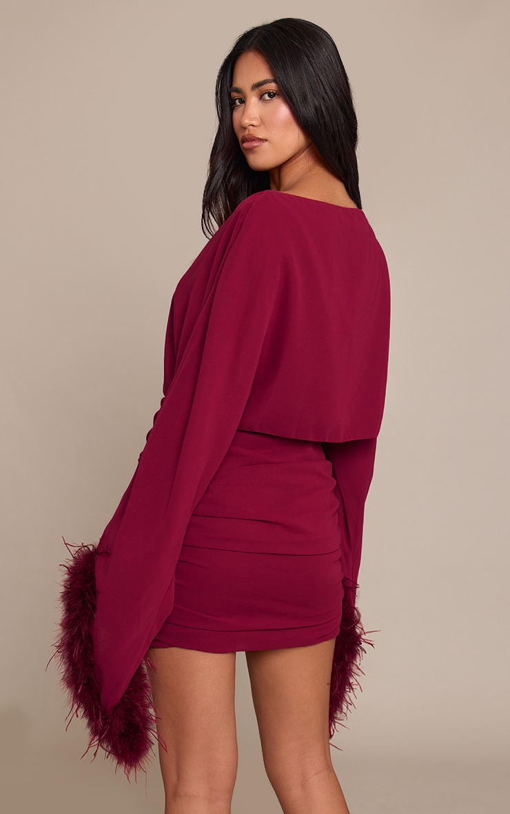 Wine Extreme Feather Cuff Ruched Bodycon Dress