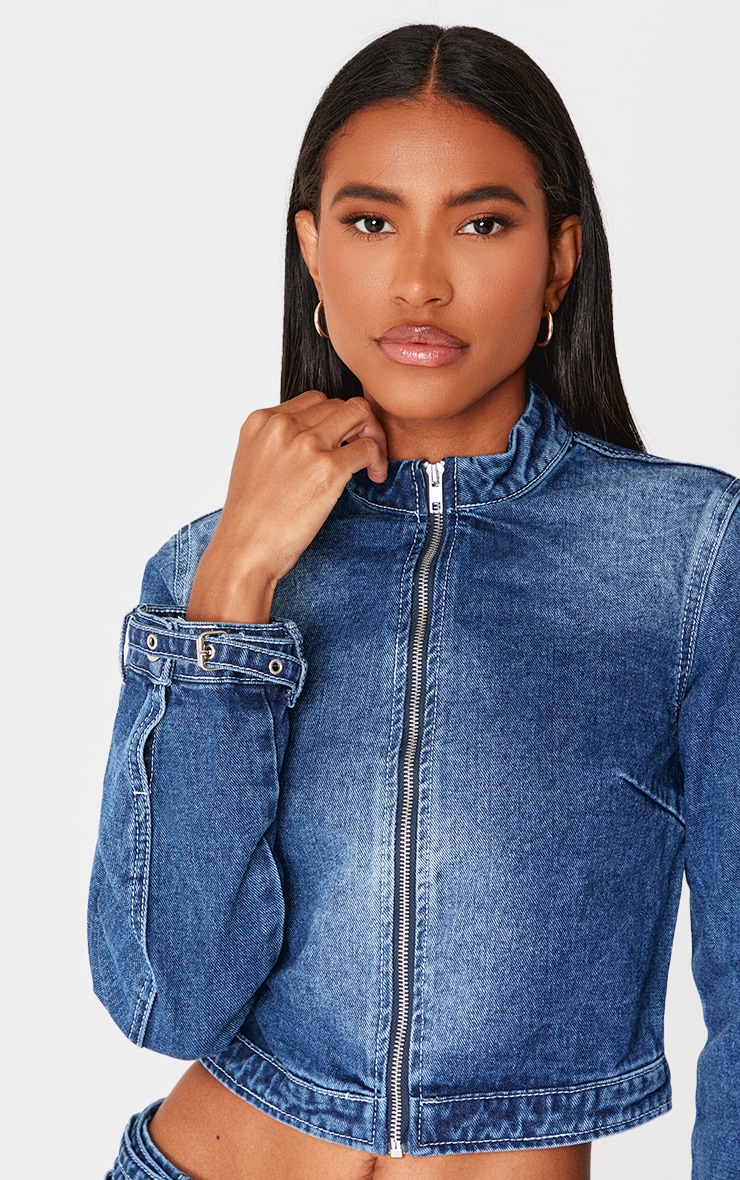 Indigo Buckle Detail Cropped Moto Jacket image 4