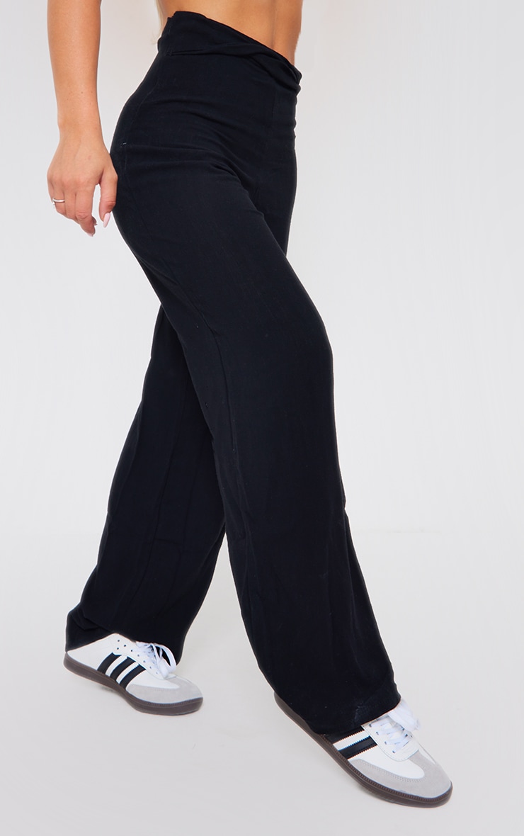 Black Linen Feel Twist Waistband Straight Leg Pants image 2