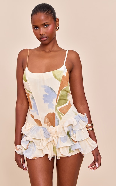 Cream Floral Chiffon Strappy Frill Detail Playsuit
