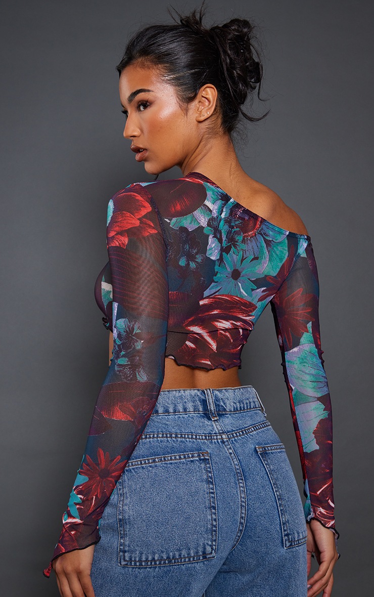 Green Printed Mesh Asymmetric Lettuce Hem Crop Top PrettyLittleThing USA