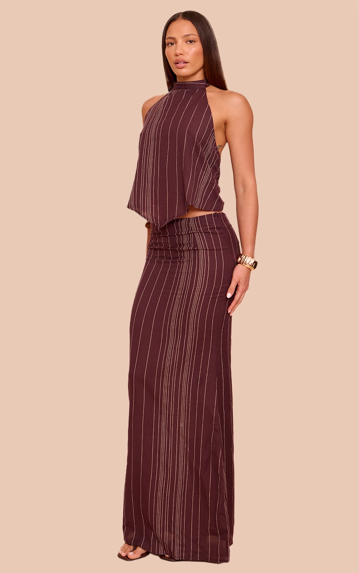 Tall Dark Brown Embroidered Stripe Halterneck Top image 3