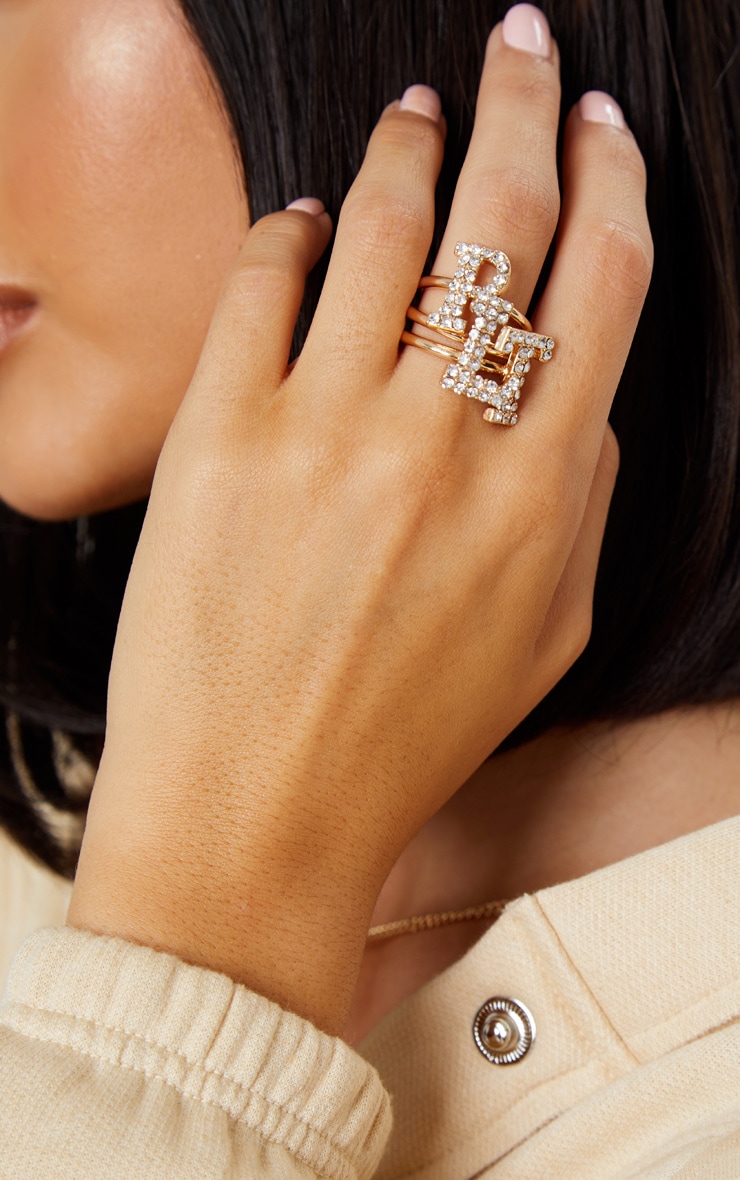 PRETTYLITTLETHING Gold Pave Slogan 3 Pack Ring