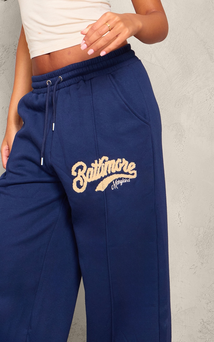 Tall Navy Baltimore Borg Applique Seam Detail Wide Leg Joggers image 4