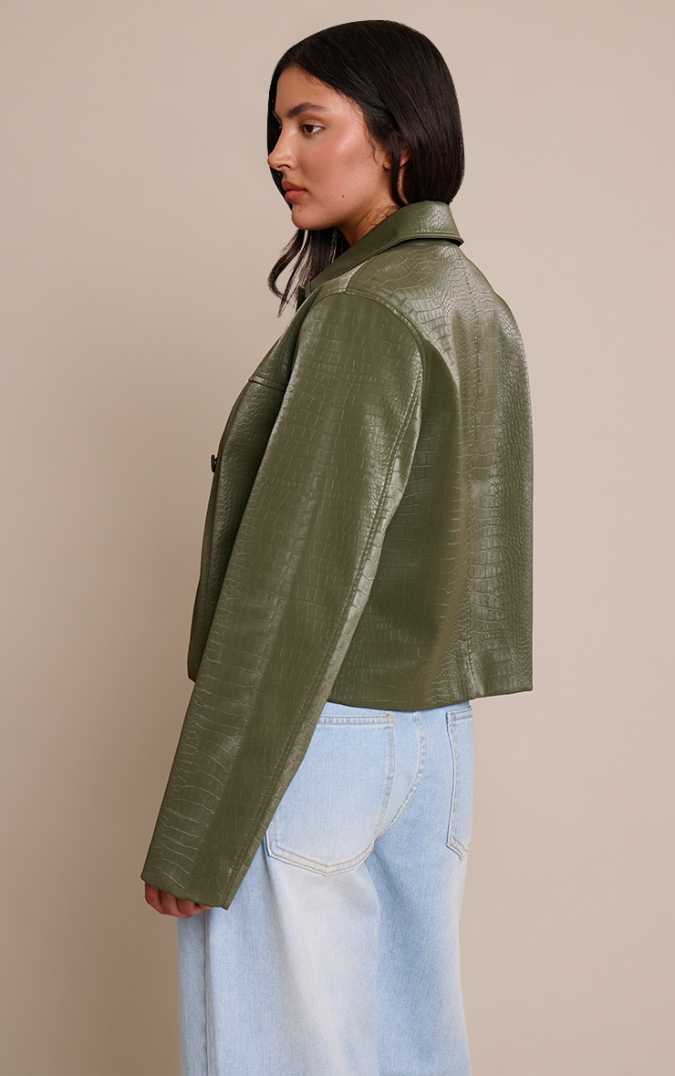 Khaki Faux Leather Croc Button Jacket image 2