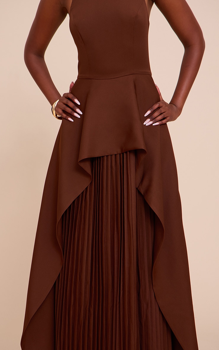 Chocolate Woven Halterneck Pleated Underlay Maxi Dress image 4