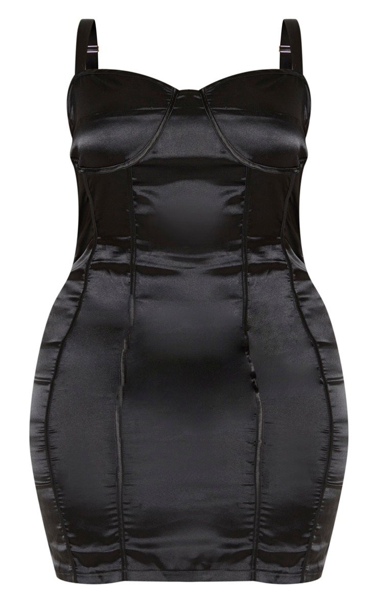 Plus Black Satin Corset Detail Bodycon Dress image 3