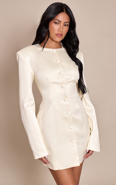 Cream Satin Button Long Sleeve Blazer Dress