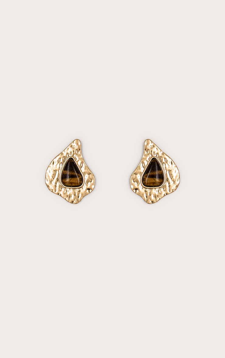 Brown Tigers Eye Resin Worn Gold Stud Earrings image 2