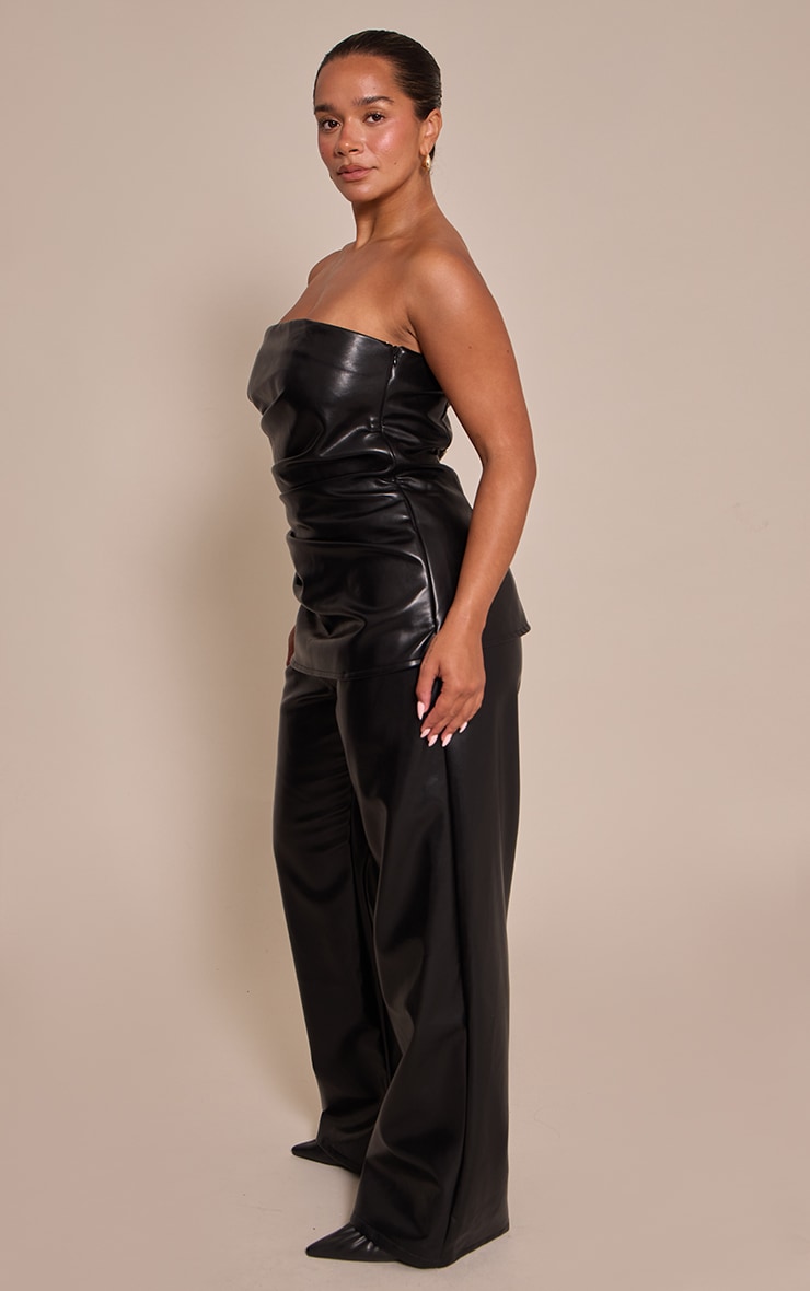 Shape Black Faux Leather Ruched Bandeau Wide Leg Jumpsuit image 3