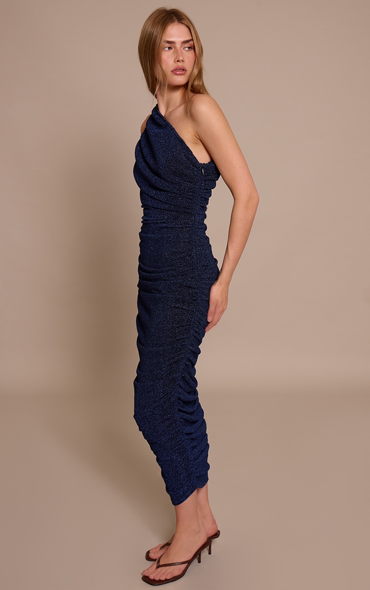 Navy Glitter Plisse Ruched One Shoulder Midi Dress image 3