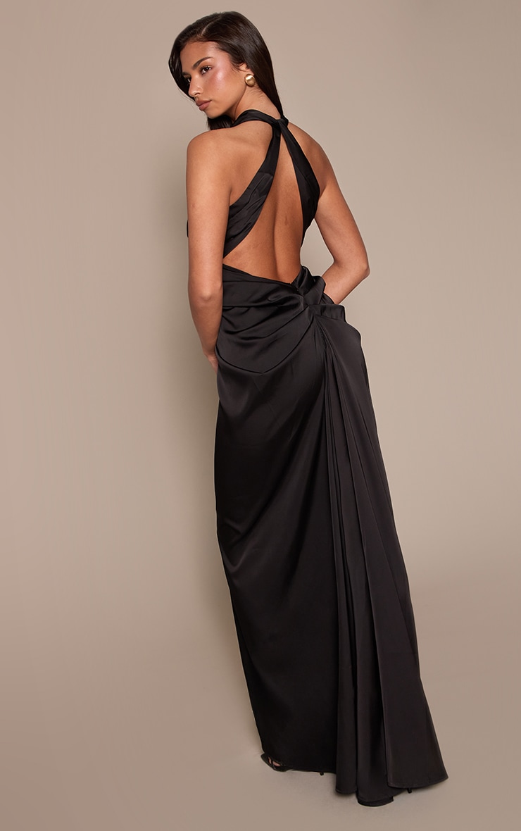 Black Satin Ruched Detail Plunge Maxi Dress