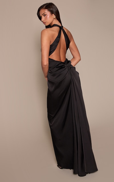 Black Satin Ruched Detail Plunge Maxi Dress
