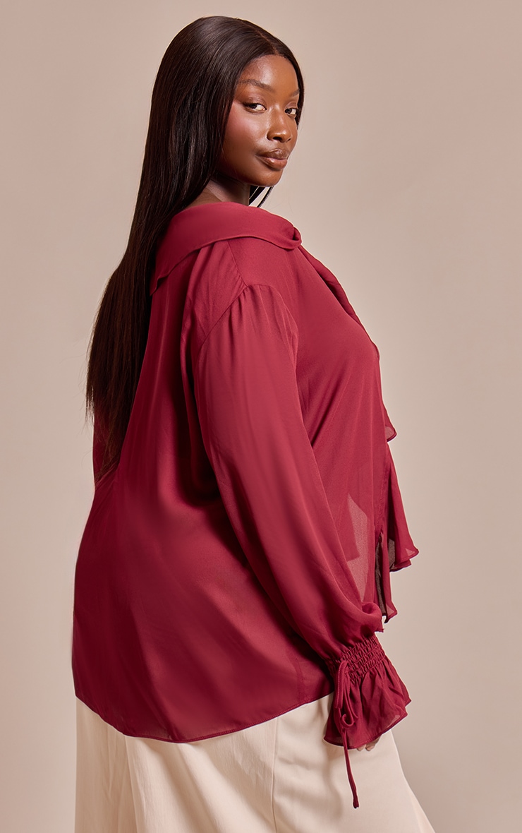 Plus Wine Chiffon Ruffle Tie Front Blouse image 2
