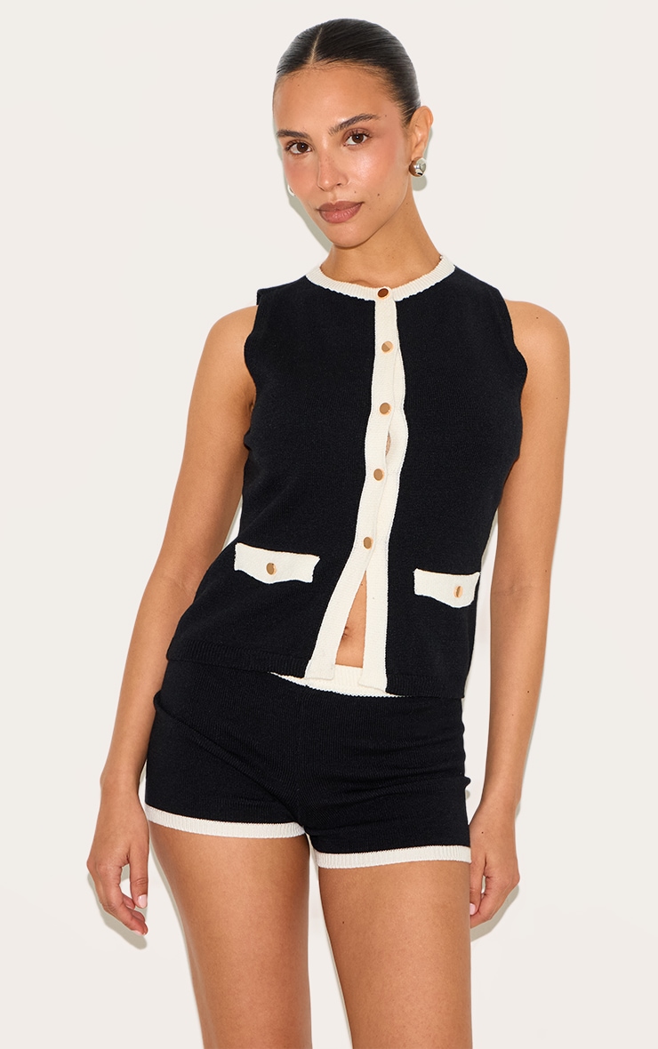 Petite Black Knitted Contrast Detail Mini Shorts image 1