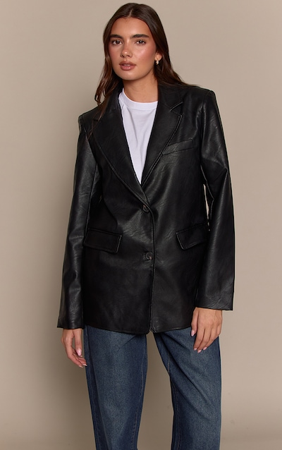 Washed Black Textured Faux Leather Blazer