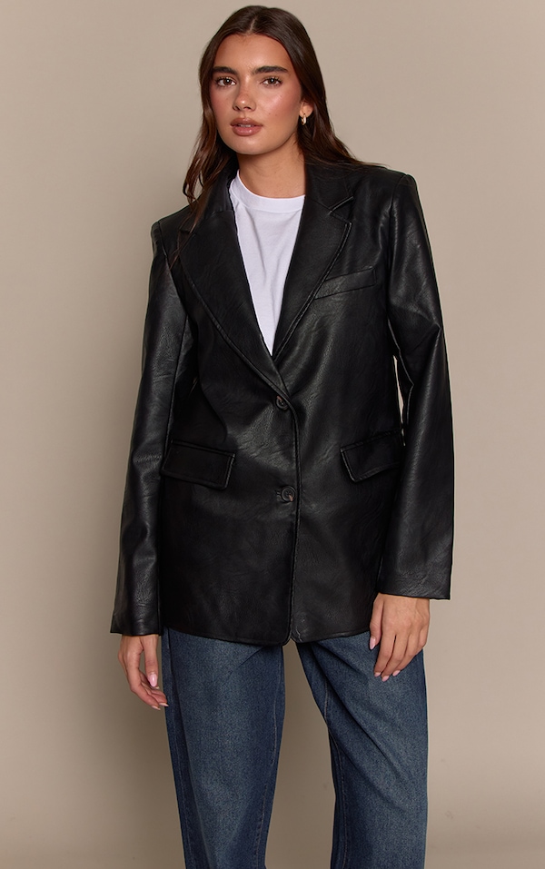 Washed Black Textured Faux Leather Blazer