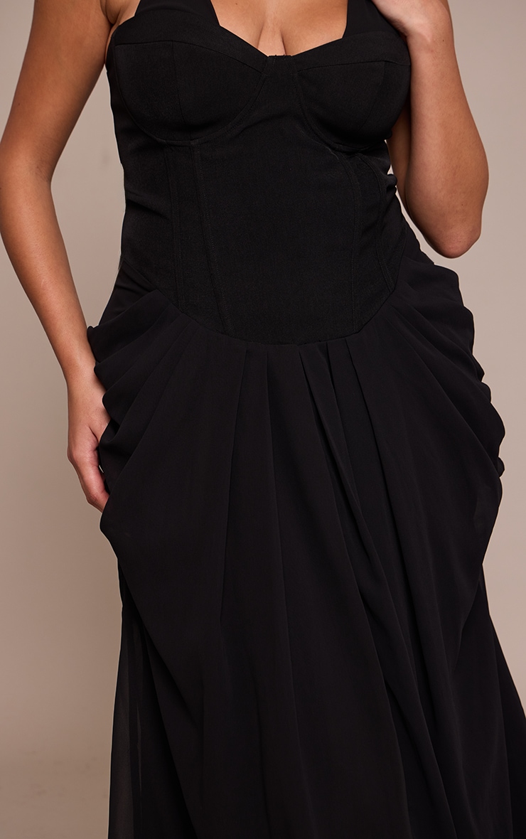 Plus Black Chiffon Drape Detail Corset Midi Dress image 4