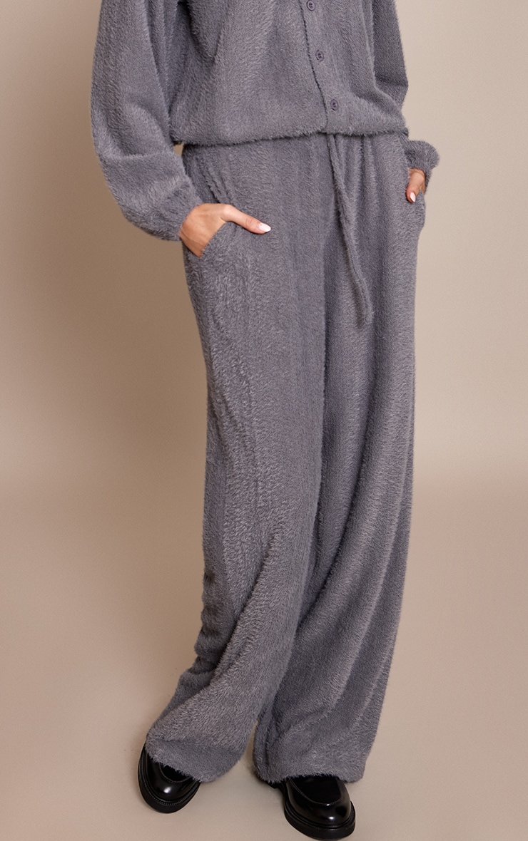 Grey Textured Wide Leg Drawstring Pants image 2