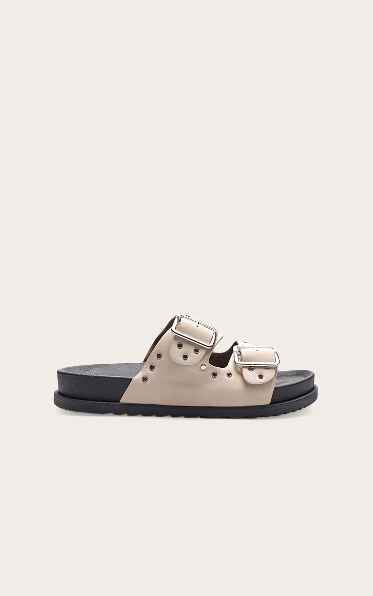 Beige Double Buckle Faux Suede Flatbed Sandals image 2