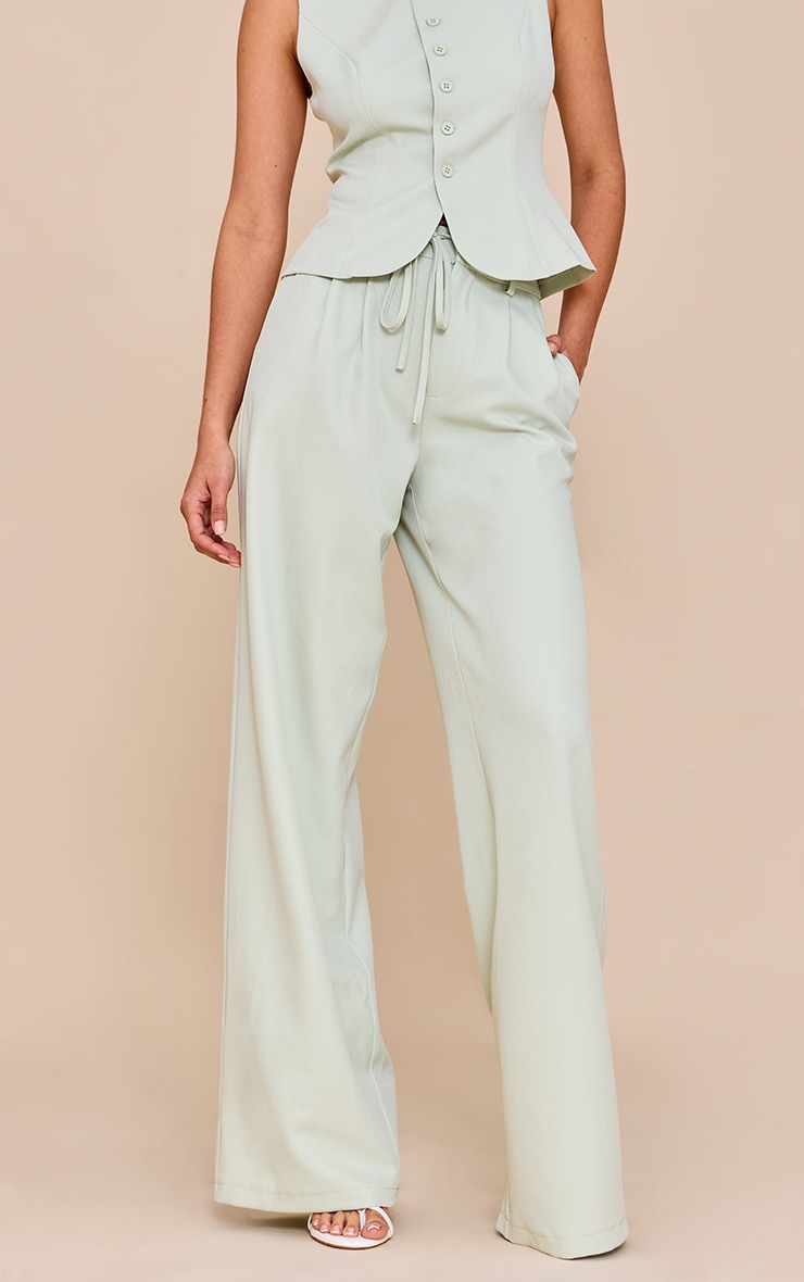 Pale Lime Tailored Tie Detail Woven Wide Leg Pants image 2