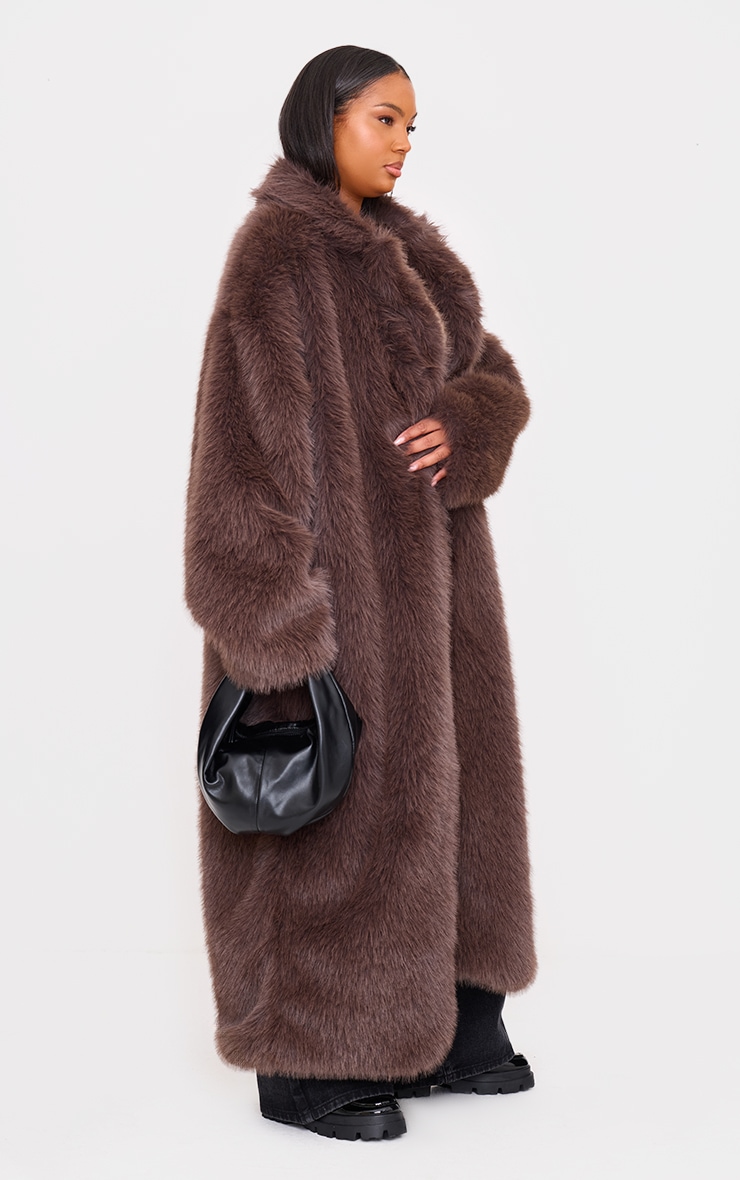 Plus Dark Brown Collar Detail Soft Faux Fur Maxi Coat image 3