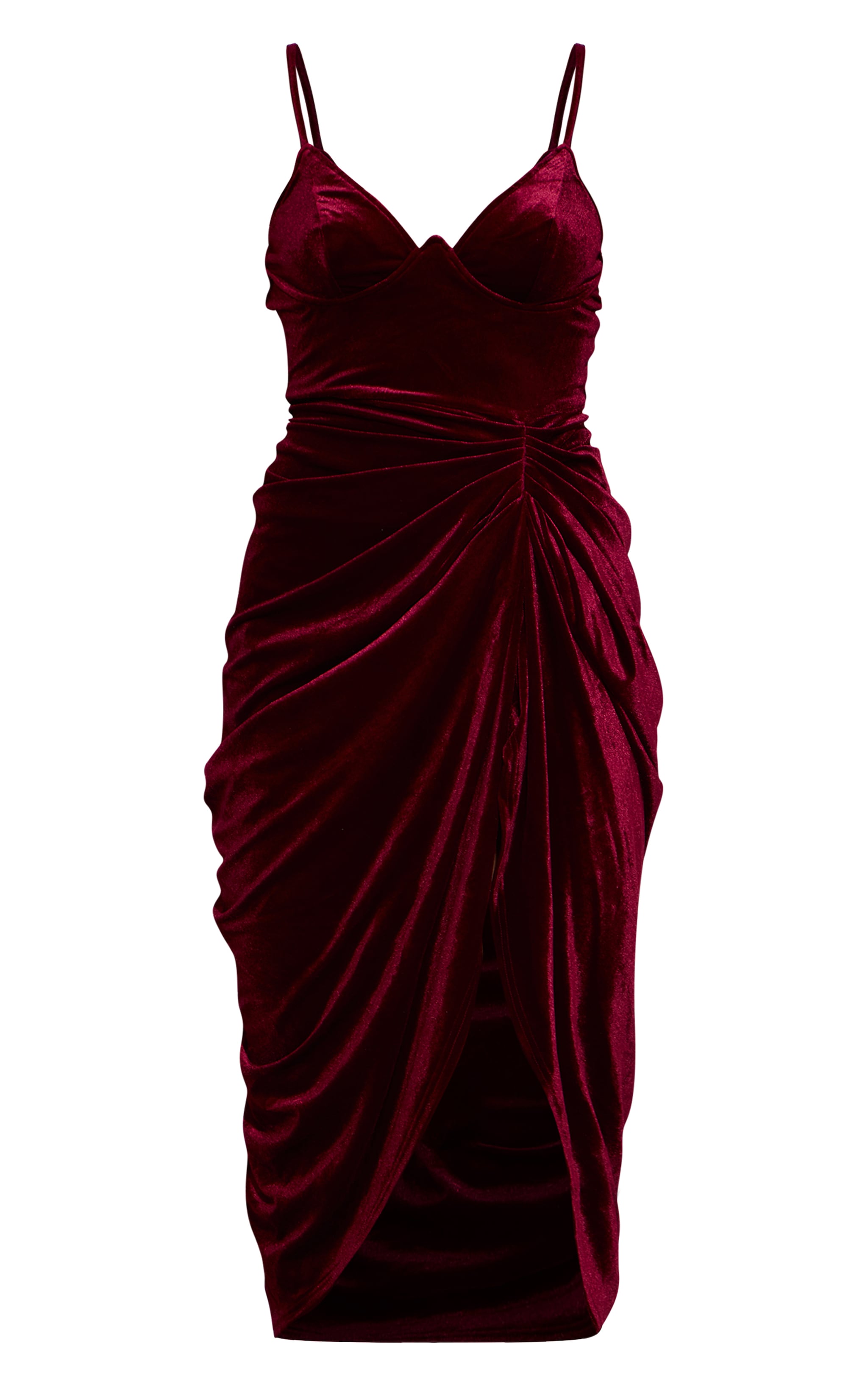 Burgundy Velvet Underwired Strappy Draped Midi Dress image 5