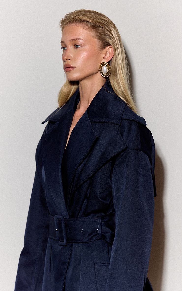 Navy Double Collar Tie Waist Trench Coat image 4