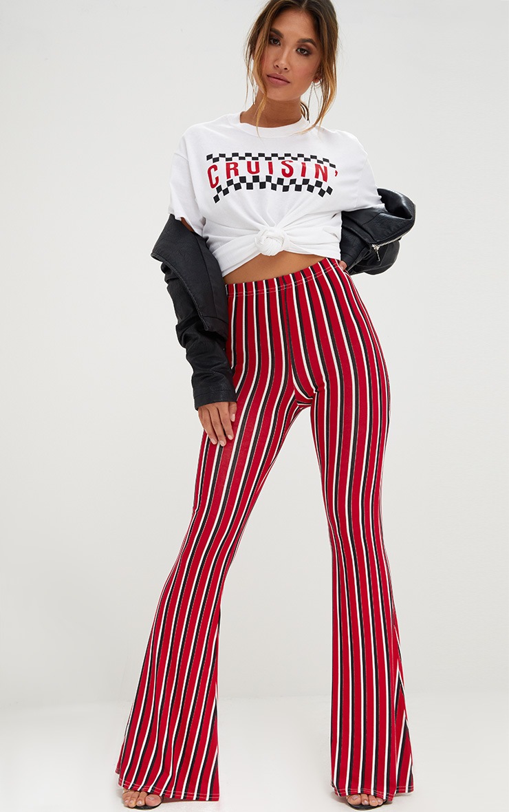Red Jersey Vertical Stripe Flared Pants