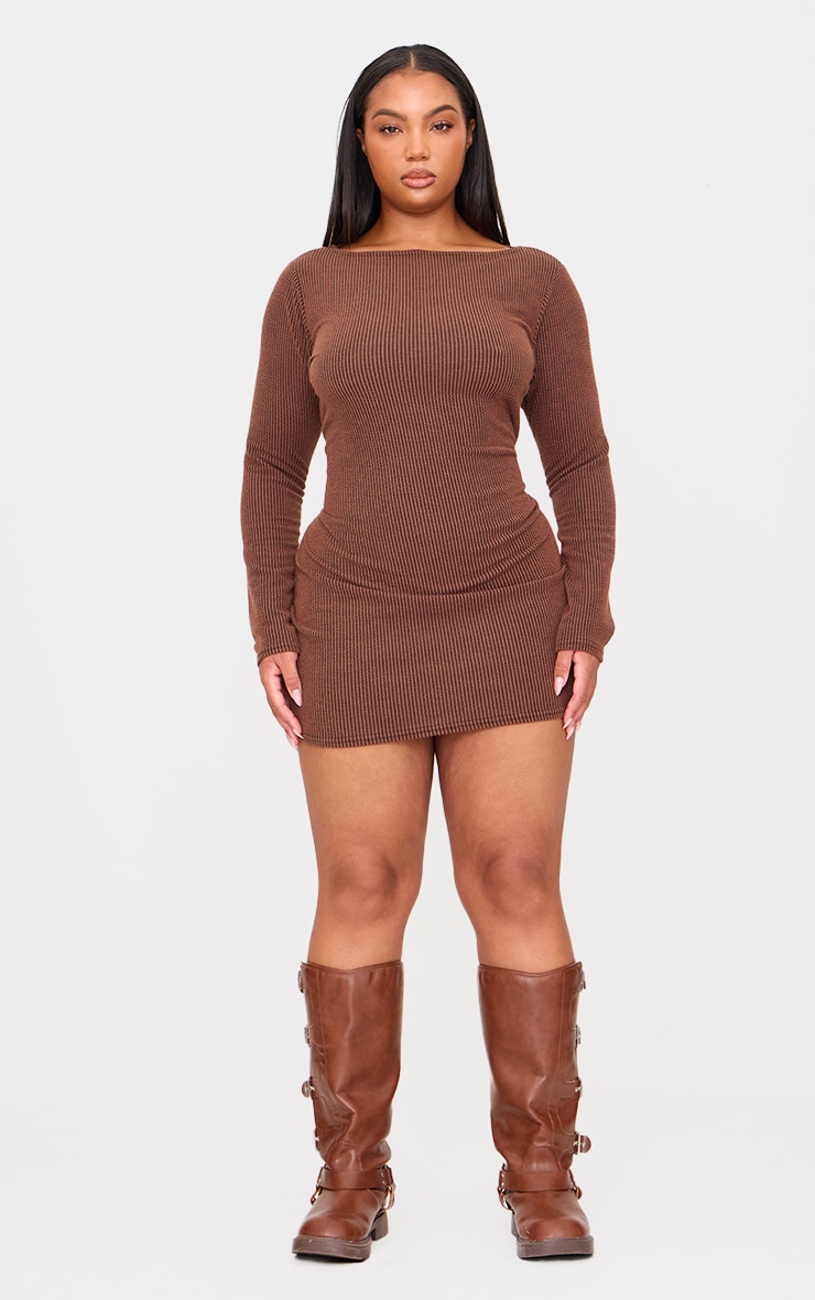 Plus Chocolate Slash Neck Long Sleeve Ribbed Mini Dress image 3