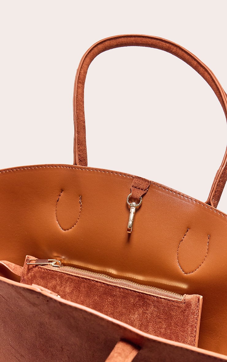 Tan Faux Suede Bucket Tote Bag image 4